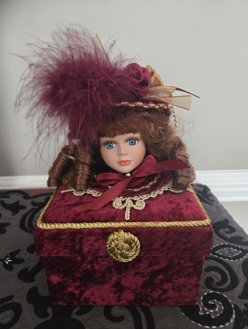 Velvet Burgundy Decorative Doll Jewelry Box Collectible
